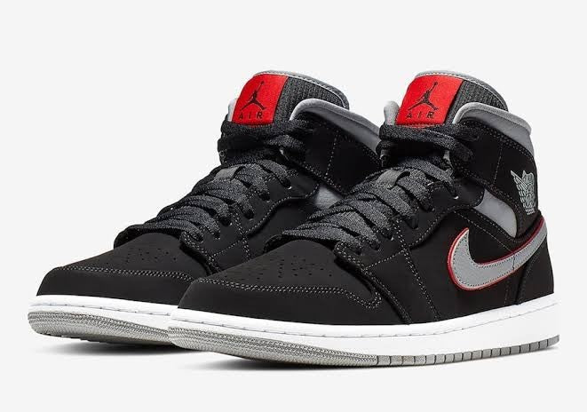 554724-060 Nike Air Jordan 1 Mid "Black Particle Grey Gym Red" (Men's)