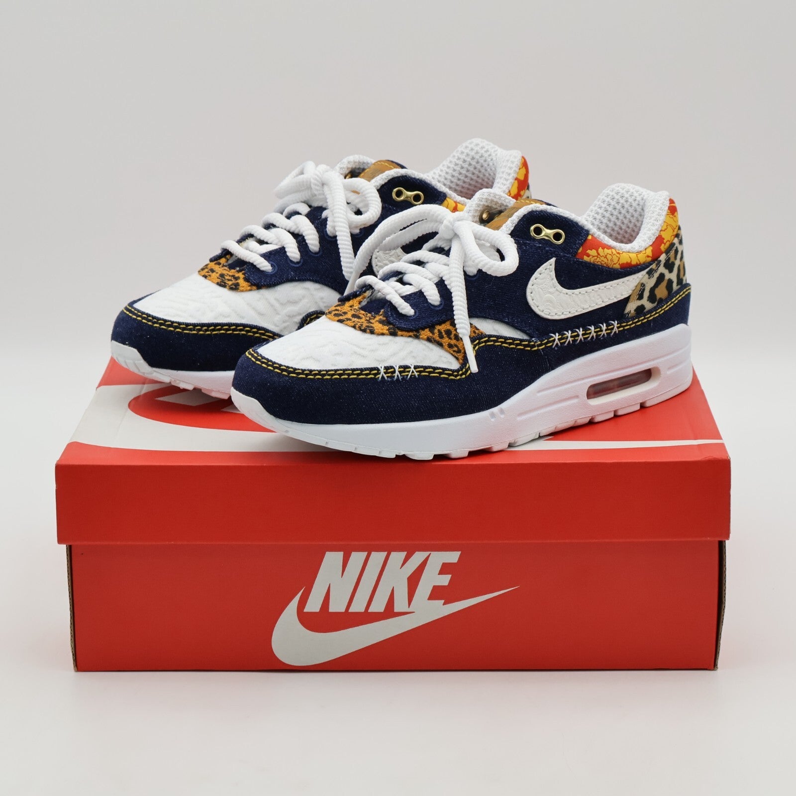 FJ4452-432 Nike Air Max 1 PRM Washed Dark Blue Denim Leopard Navy Gold (Men's)