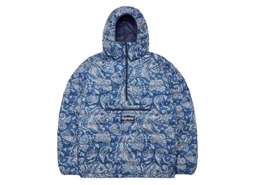 Supreme Micro Down Half Zip Hooded Pullover Blue Paisley
