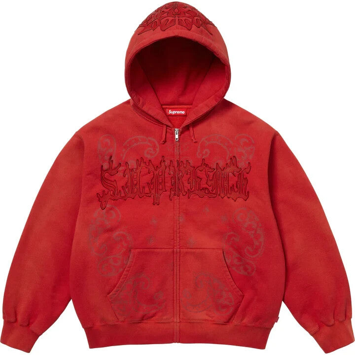 Supreme Leather Applique Zip Up Hooded Sweatshirt Red