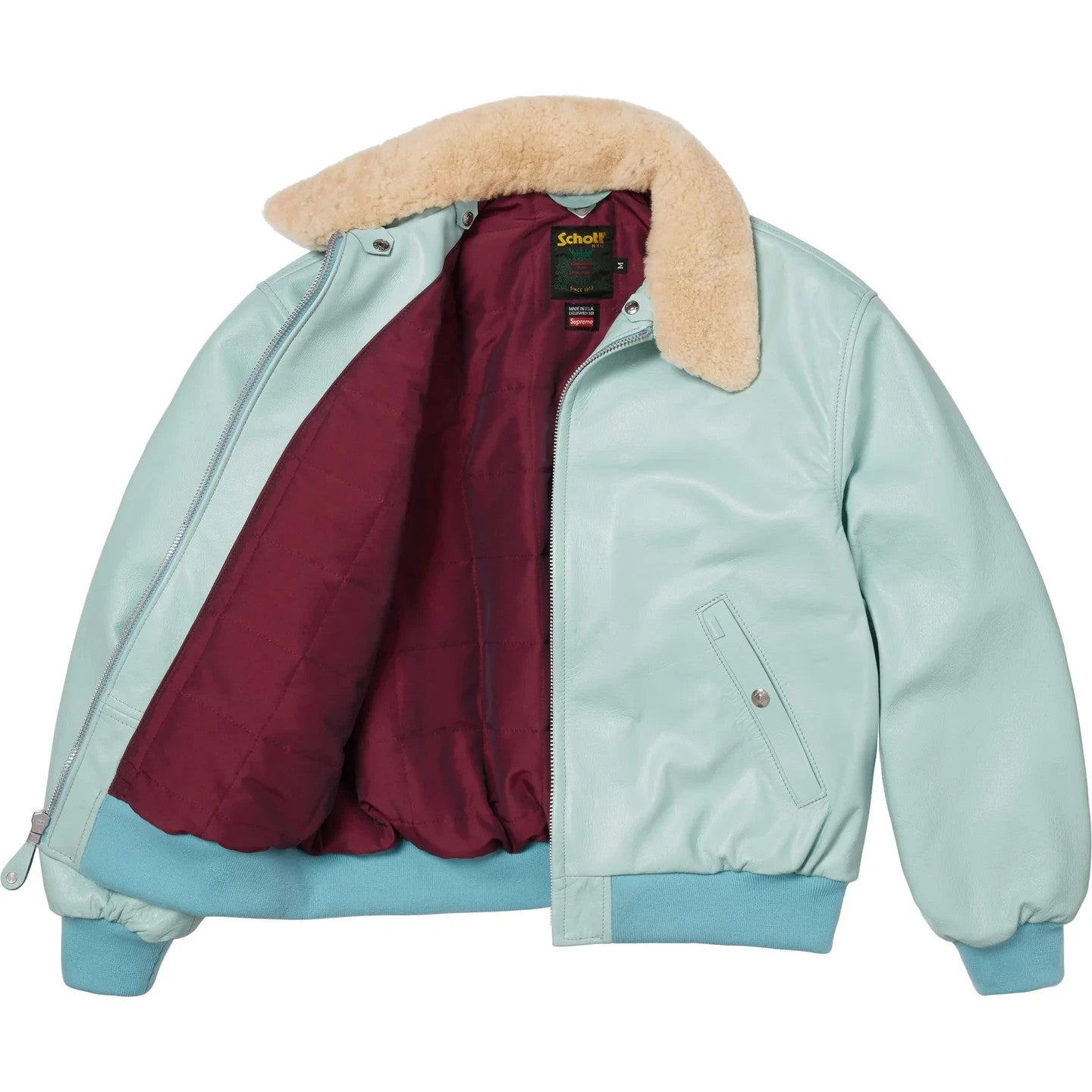 Supreme x Schott Shearling Collar Bomber Jacket Light Blue