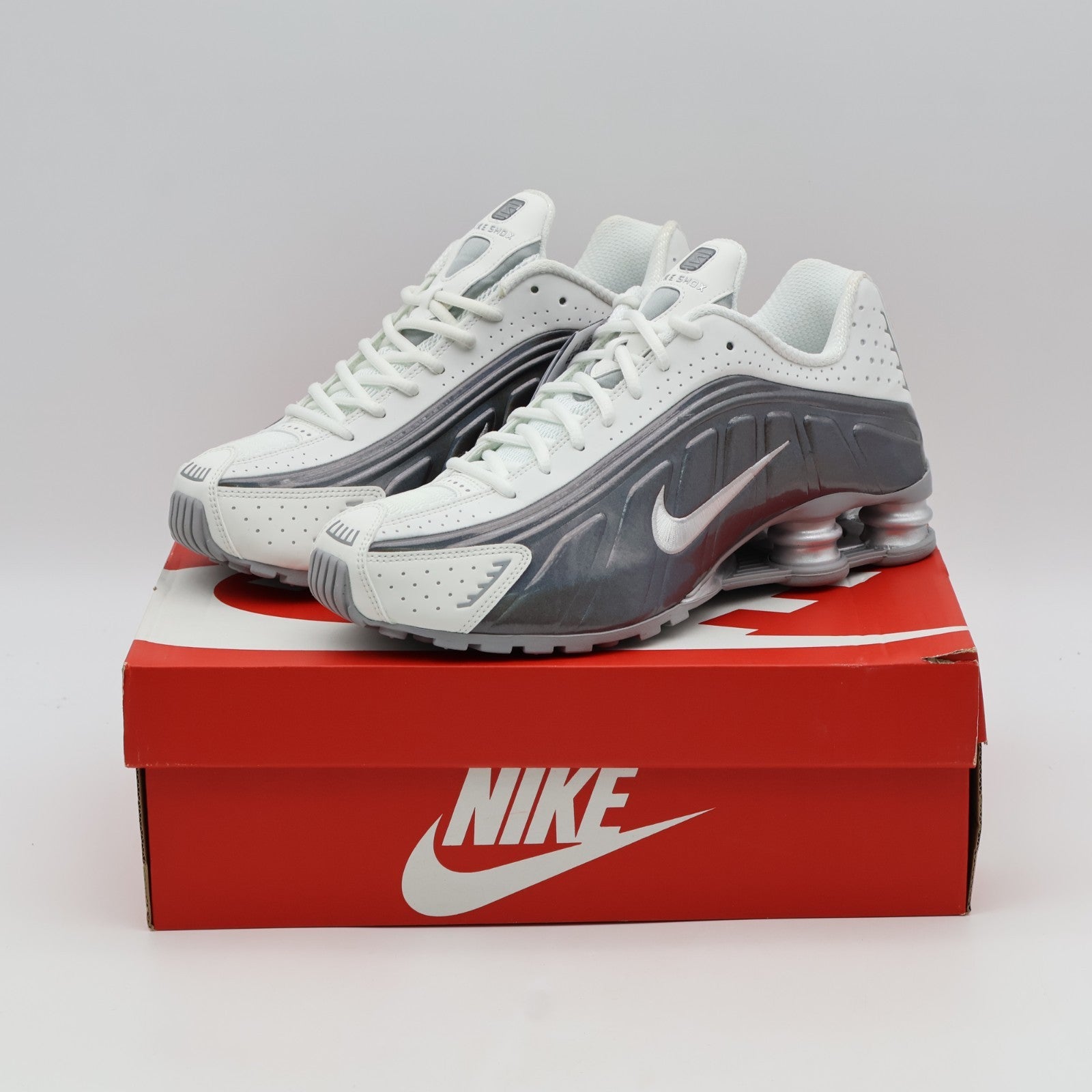 IB7703-100 Nike Shox R4 Summit White and Metallic Silver (Women's)