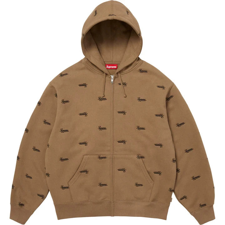 Supreme Repeat Script Zip Up Hooded Sweatshirt Dark Khaki