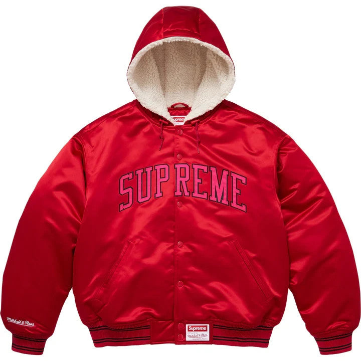 Supreme Mitchell Ness Lined Hooded Satin Varsity Jacket Red