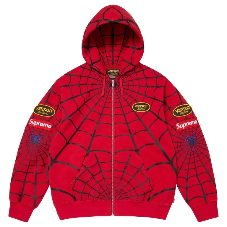 Supreme x Vanson Leathers Spider-Man Zip Up Hooded Sweatshirt Red