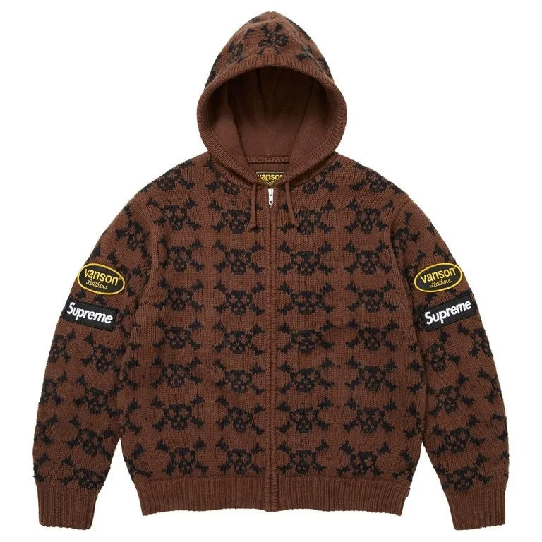 Supreme x Vanson Leathers Skull Zip Up Hooded Sweater Brown