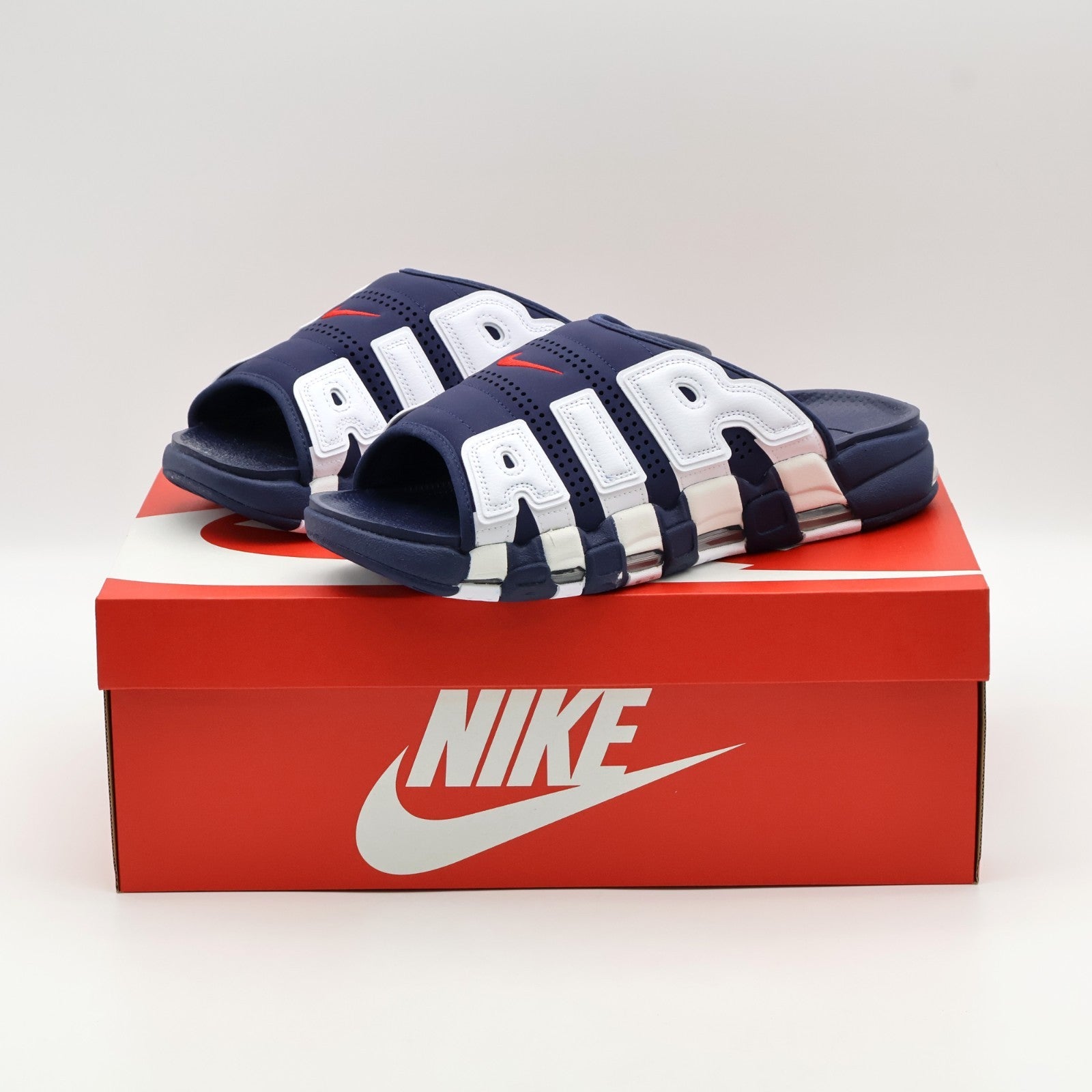 FQ8699-400 Nike Air More Uptempo Slide Olympic White Midnight Navy (Men's)