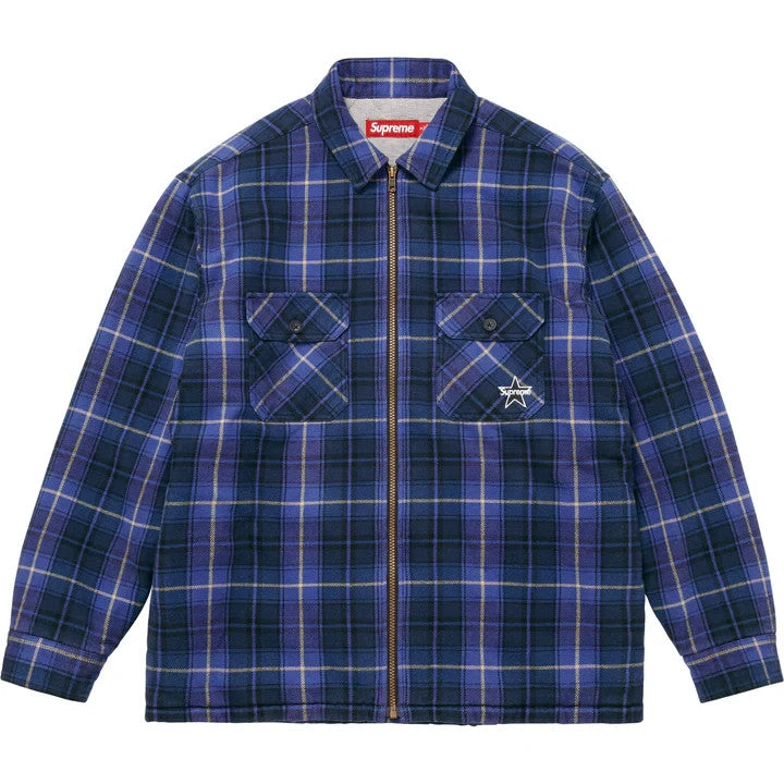 Supreme Thermal Lined Zip Up Flannel Shirt Blue