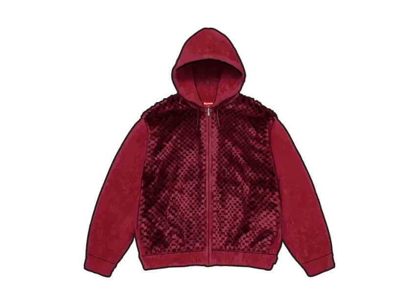Supreme Checkerboard Faux Fur Zip Up Hooded Sweater "Red"