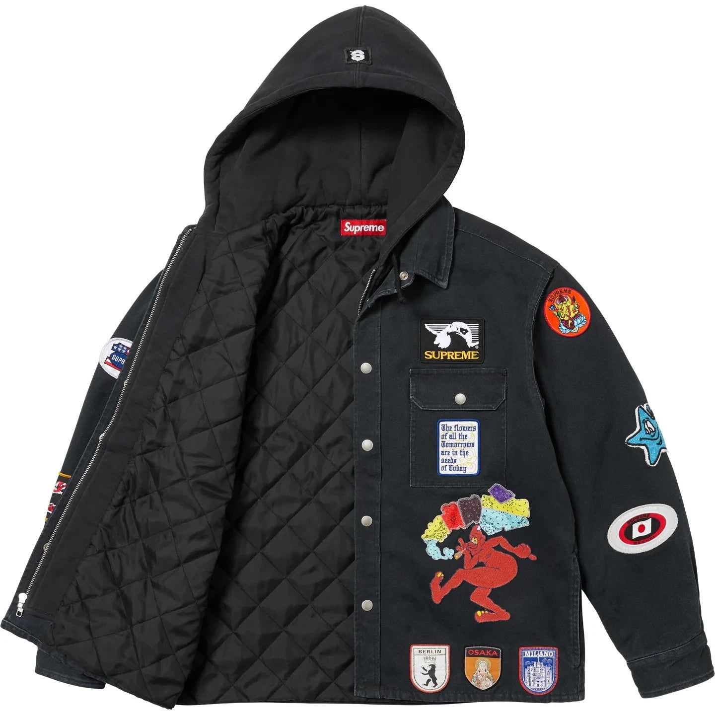 Supreme Patches Hooded Zip Up Shirt Black