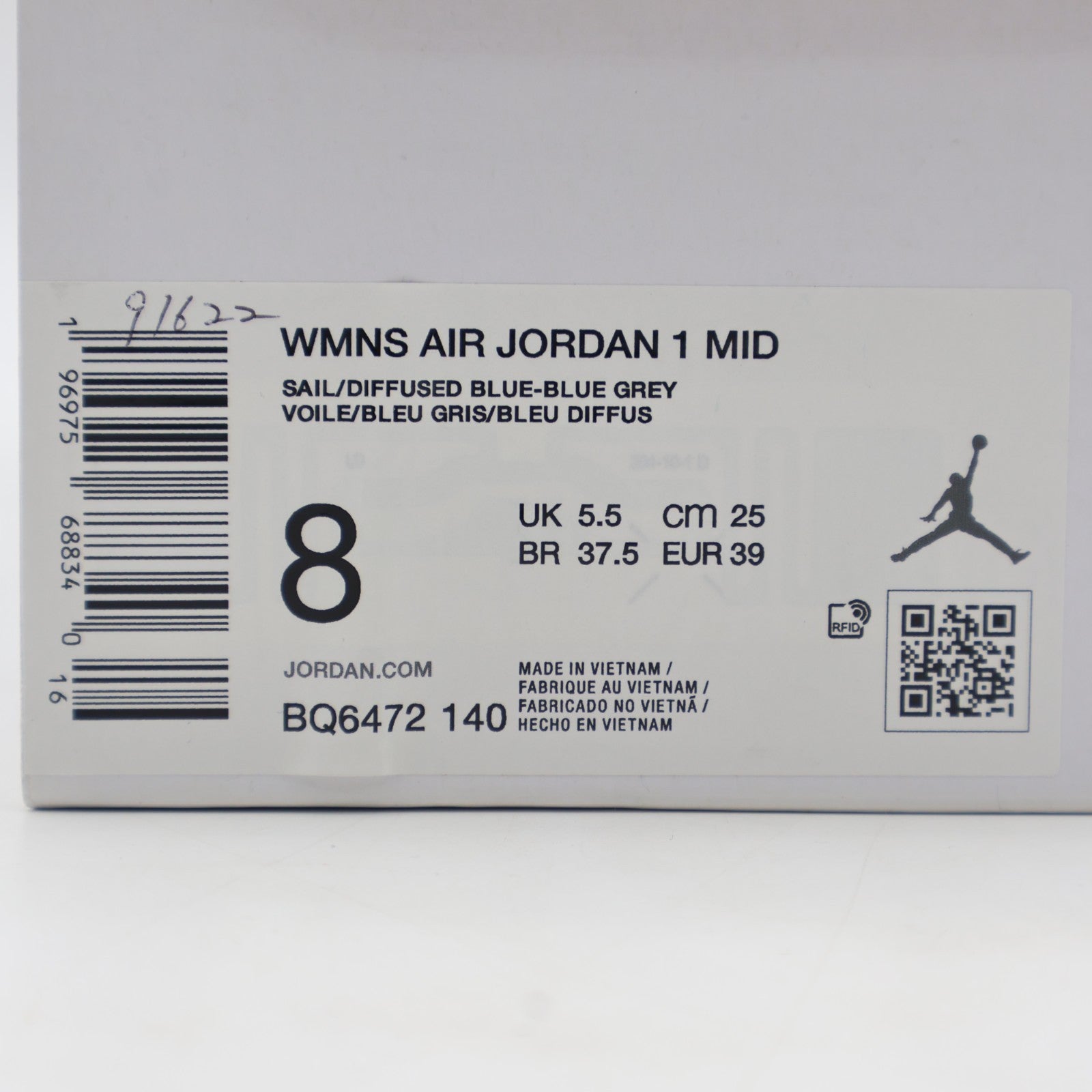 BQ6472-140 Nike Air Jordan 1 Mid White Diffused Blue (Women's)