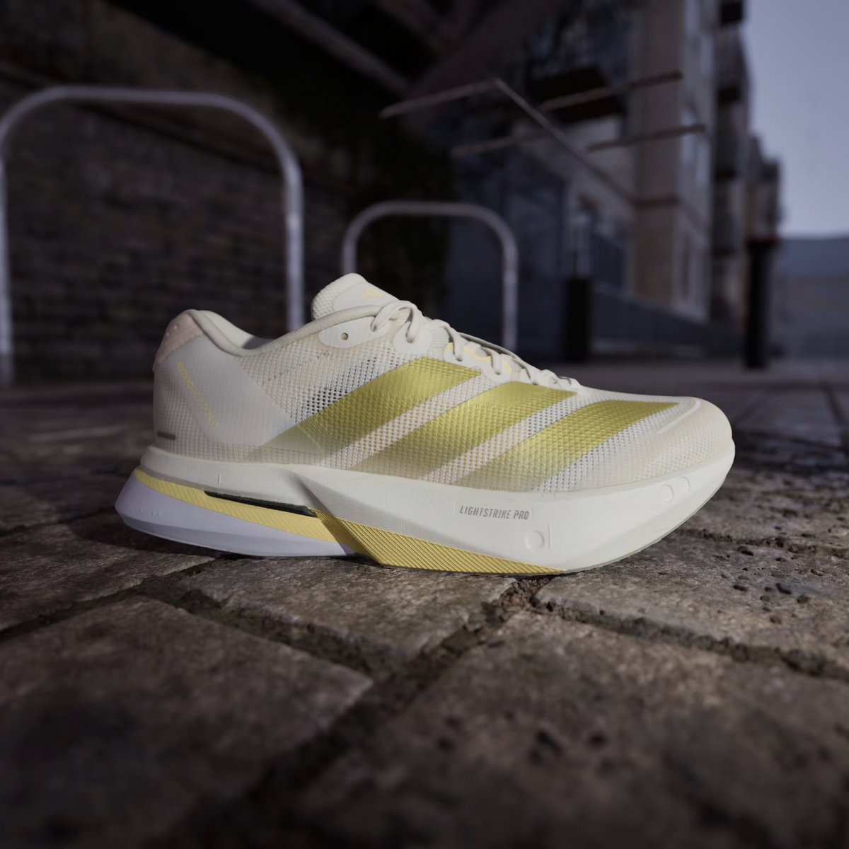 JS4952 adidas  Adizero Boston 13 Chalk White Gold Metallic Orange Tint (Women's)
