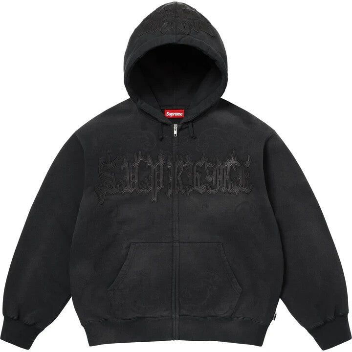 Supreme Leather Applique Zip Up Hooded Sweatshirt Black