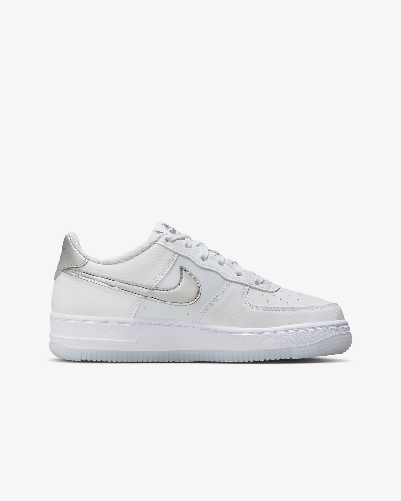 FV3981-100 Nike GS Air Force 1 White Pure Platinum Football Grey Metallic Silver