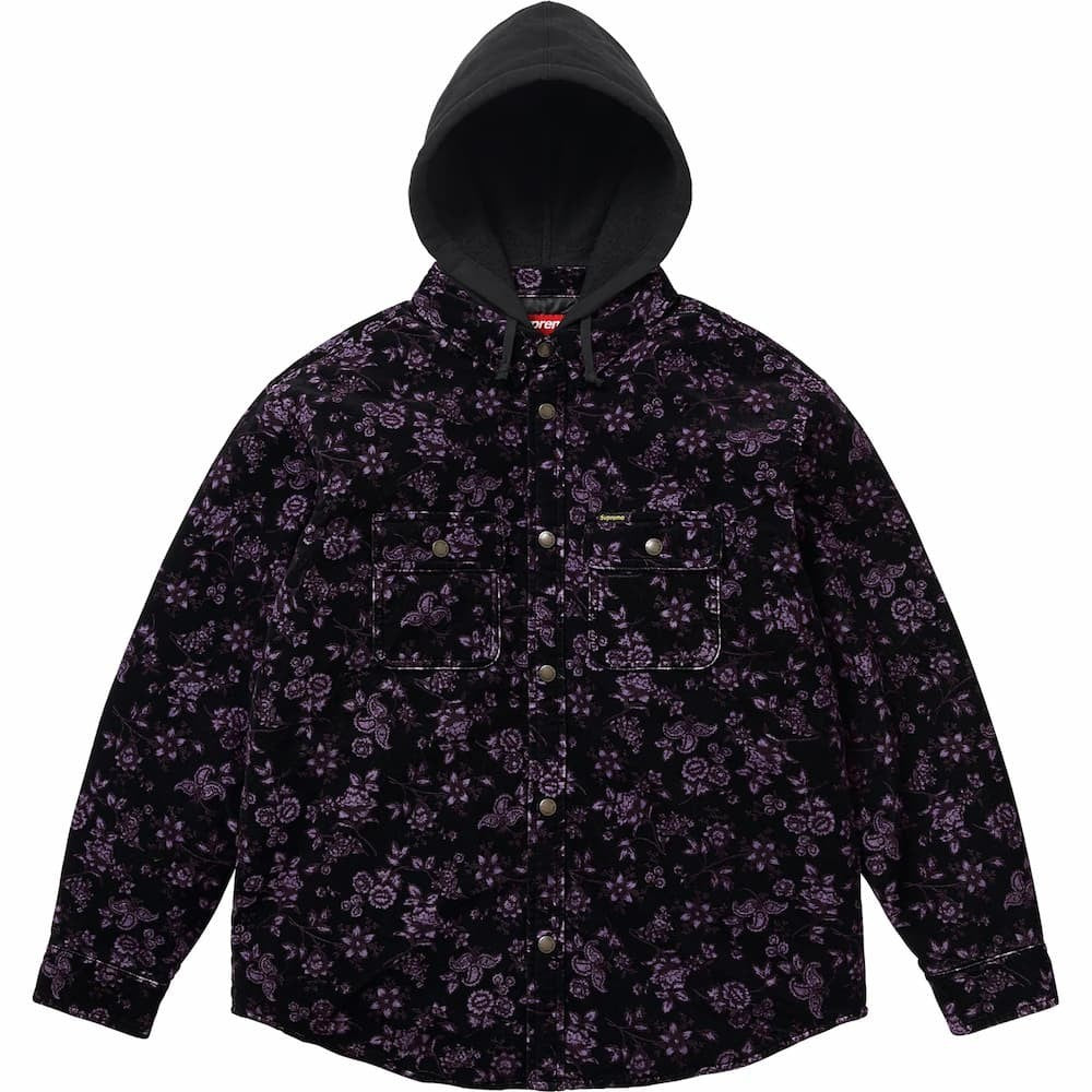 Supreme Quilted Lined Hooded Velvet Snap Shirt Floral
