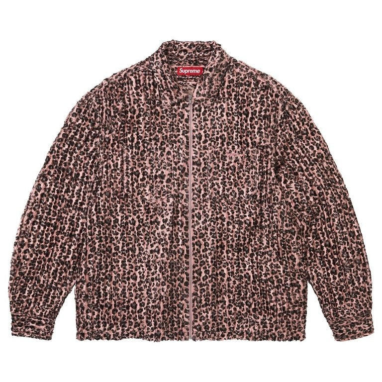 Supreme Leopard Frayed Zip Up Shirt Pink