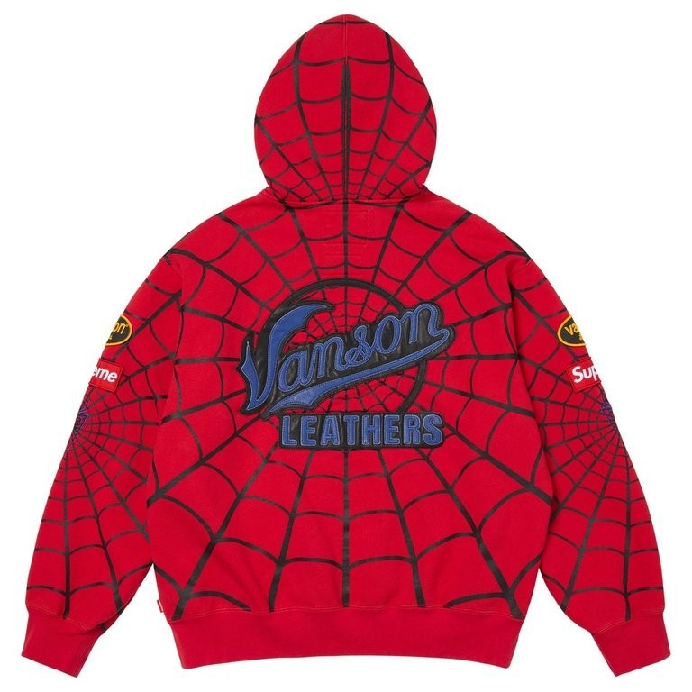 Supreme x Vanson Leathers Spider-Man Zip Up Hooded Sweatshirt Red