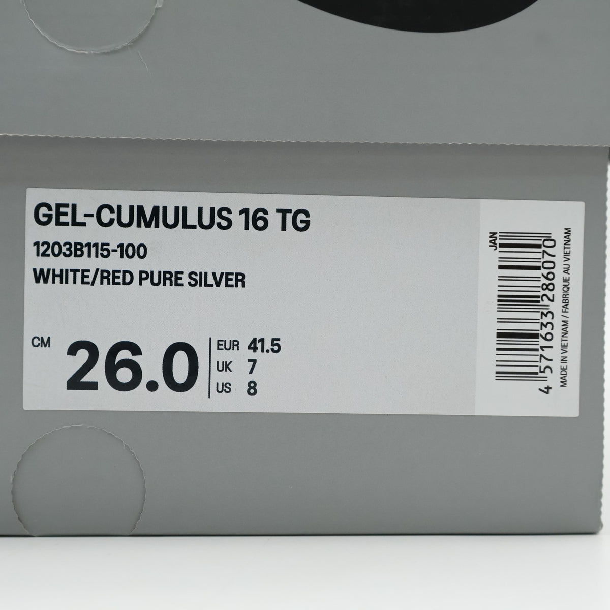 1203B115-100 TOGA Asics Gel-Cumulus 16 TG White Red Pure Silver (Men's)