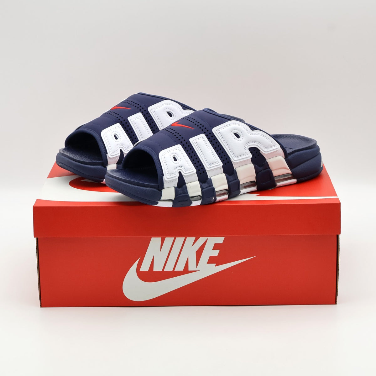 FQ8699-400 Nike Air More Uptempo Slide Olympic White Midnight Navy (Men's)