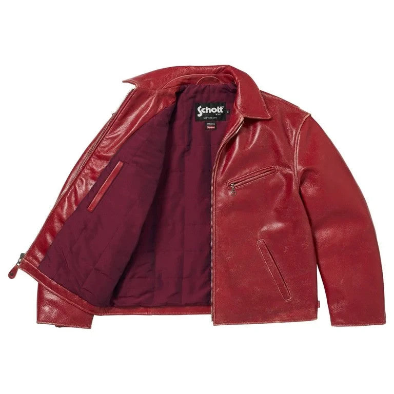 Supreme x Schott Distressed Leather Jacket Red