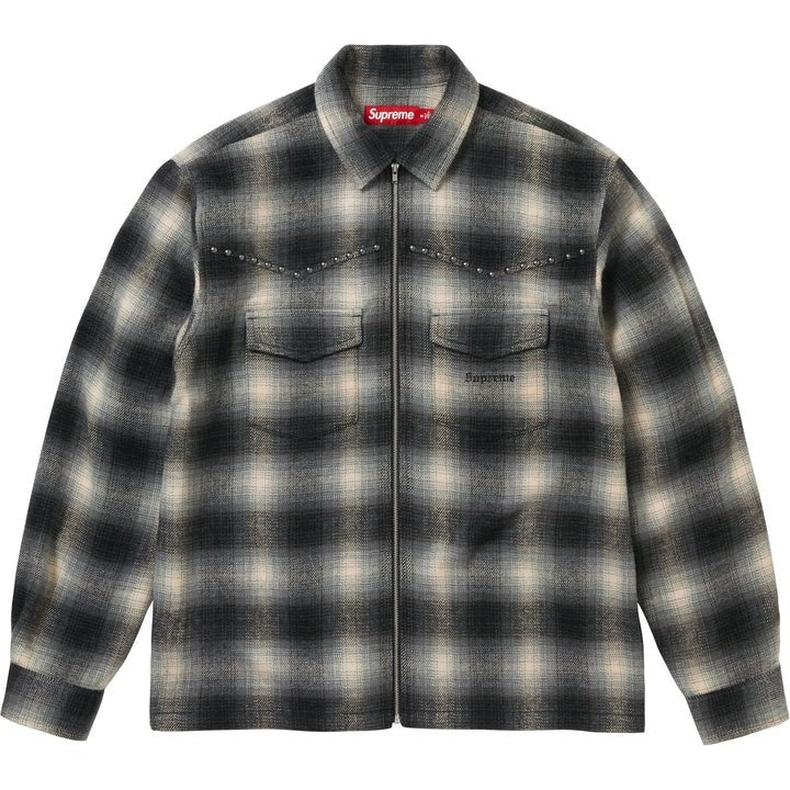 Supreme Studded Shadow Plaid Zip Up Shirt Black