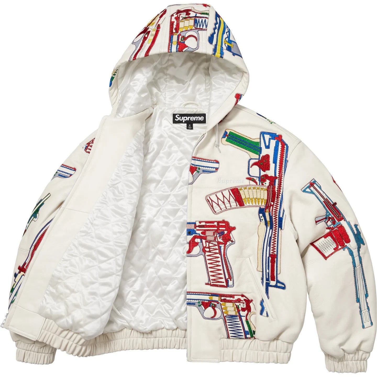 Supreme Guns Embroidered Hooded Leather Jacket White