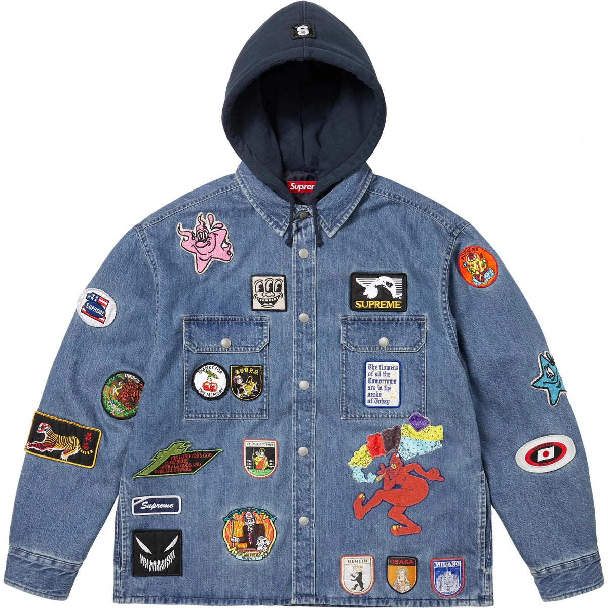 Supreme Patches Hooded Zip Up Shirt Denim