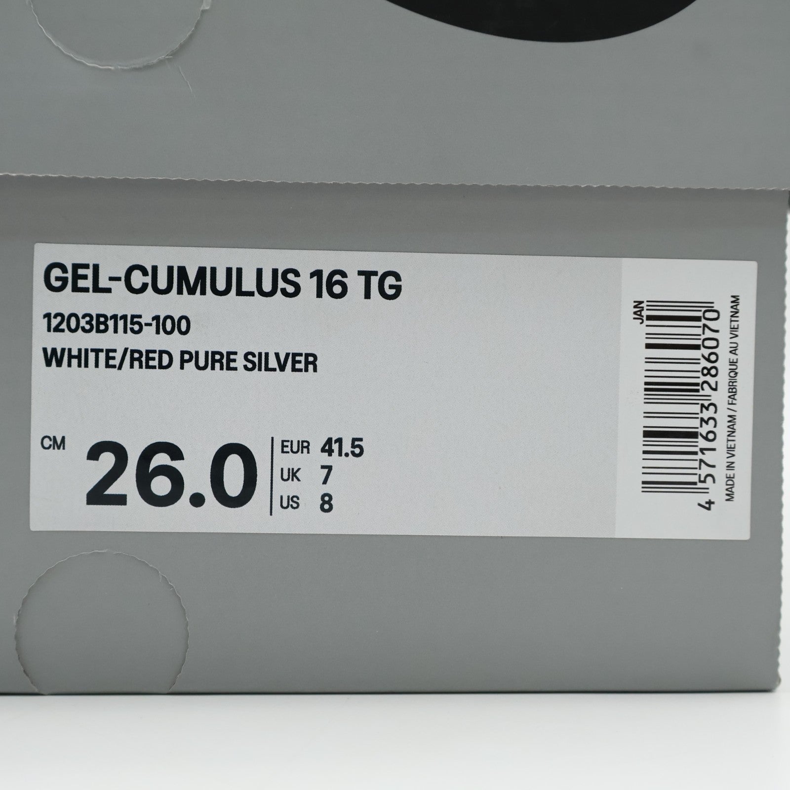 1203B115-100 TOGA Asics Gel-Cumulus 16 TG White Red Pure Silver (Men's)