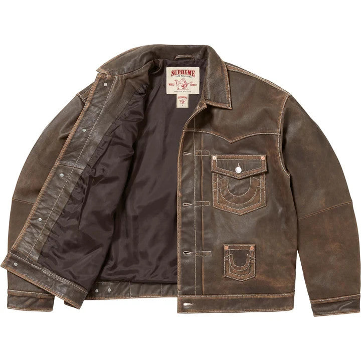 Supreme True Religion Leather Trucker Jacket Brown