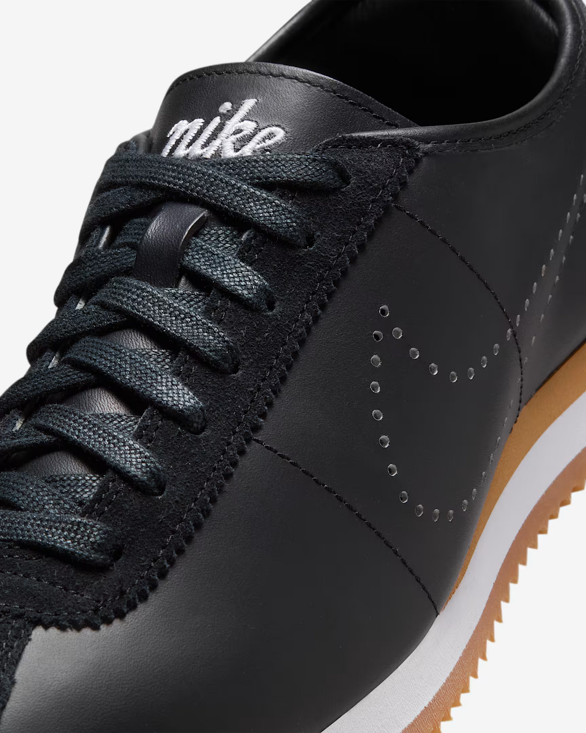 HQ1841-002 Nike Cortez Leather Black White Gum Perforated Swoosh (Women's)