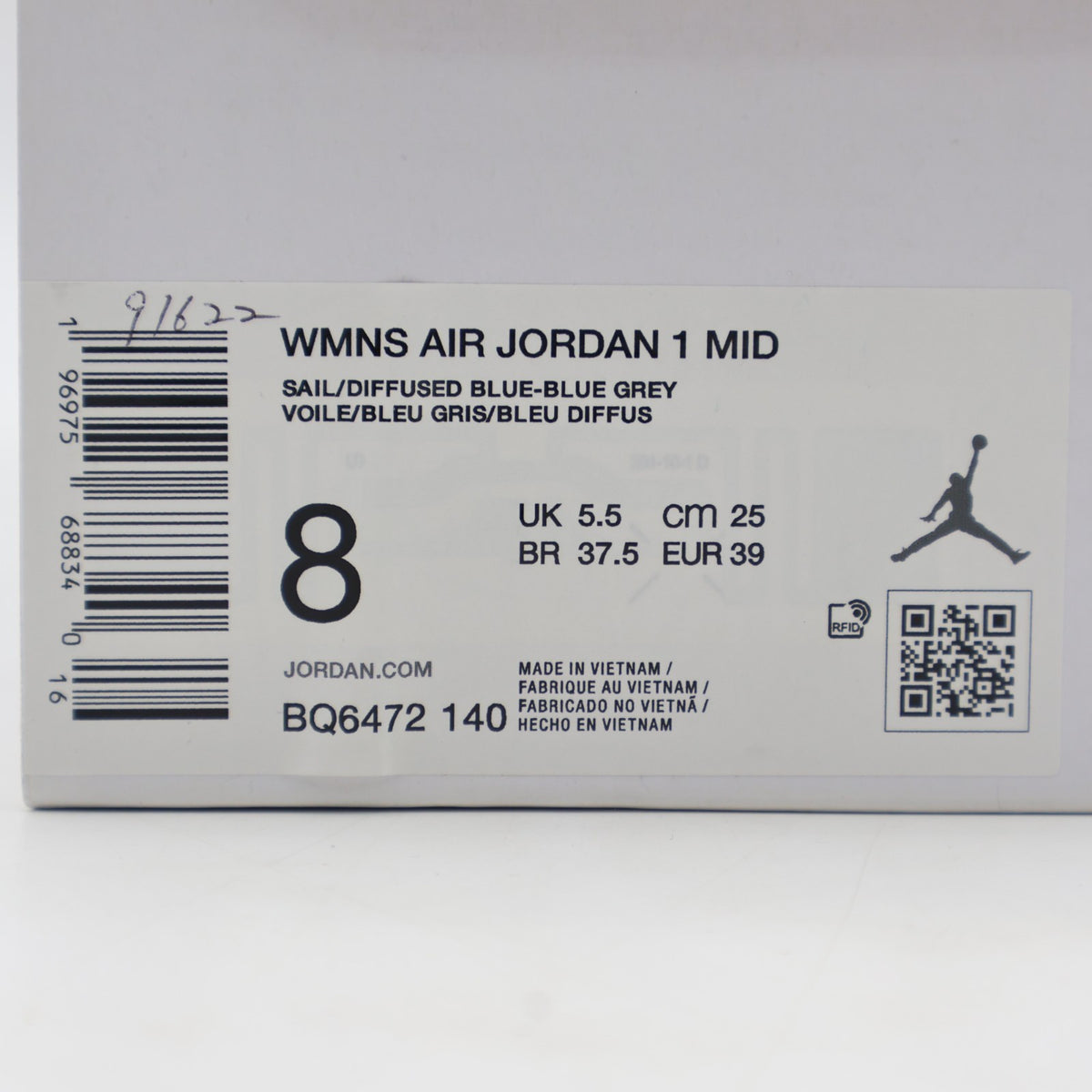 BQ6472-140 Nike Air Jordan 1 Mid White Diffused Blue (Women's)