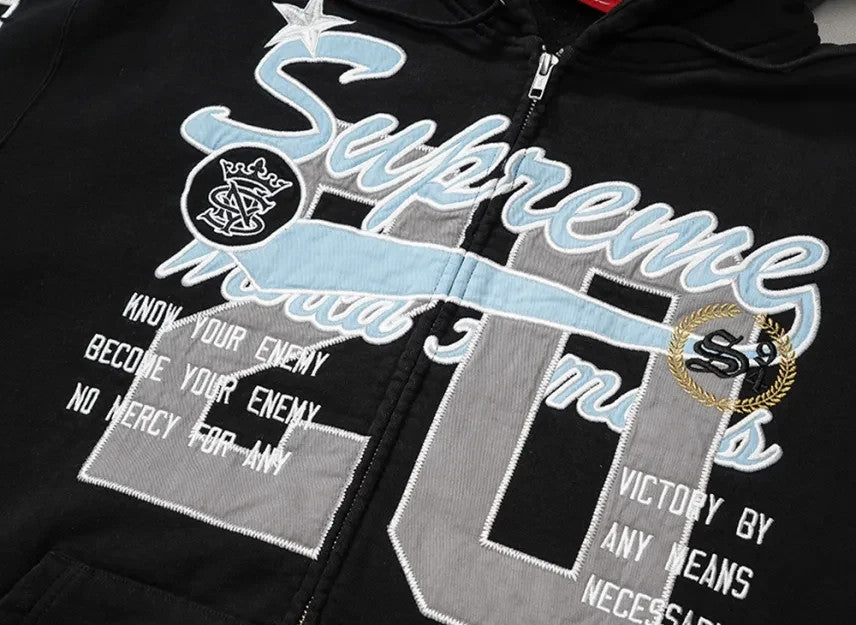 Supreme Warriors AppliquÃ© Zip Up Hooded Sweatshirt "Black"