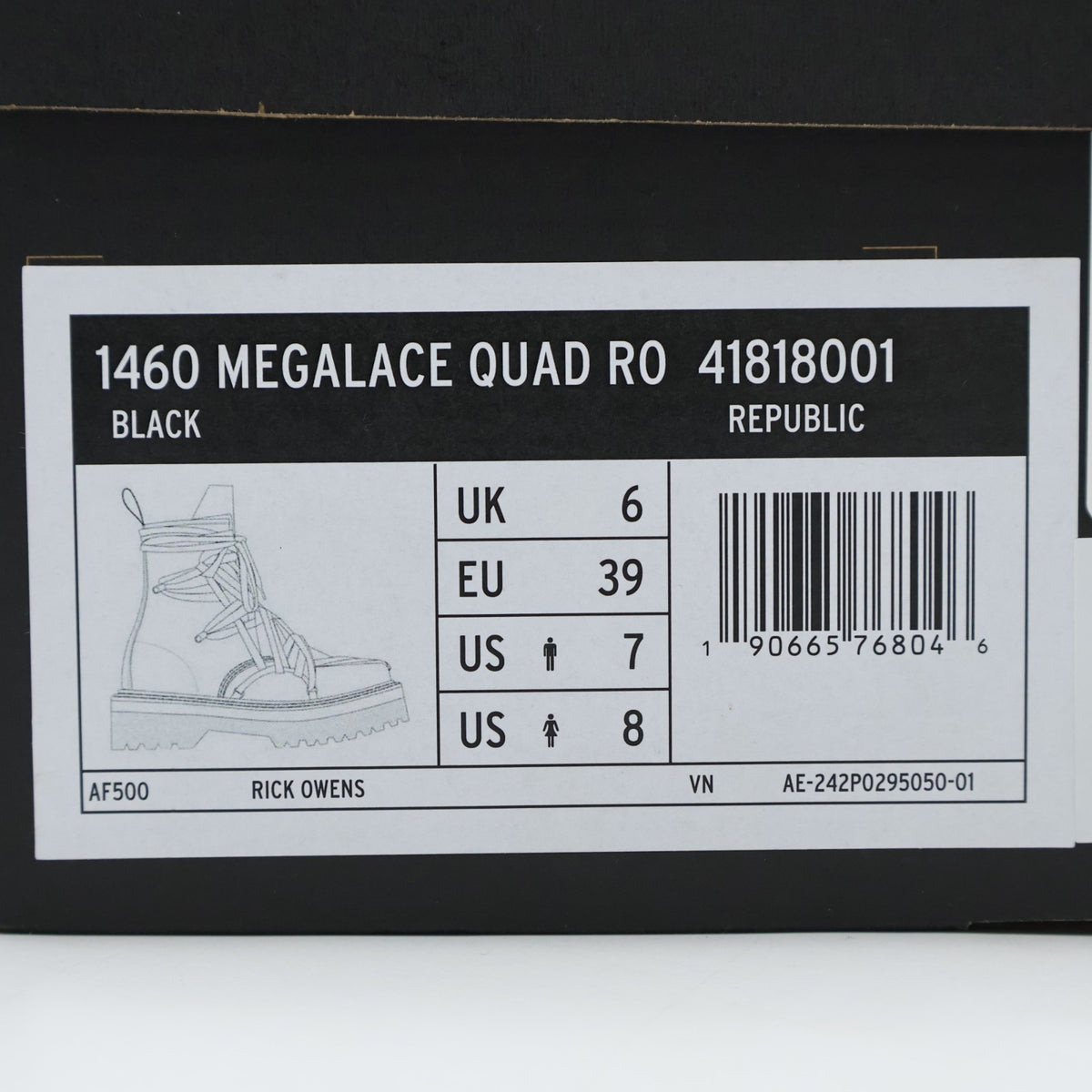 DM02E68128001 Rick Owens Dr.Martens 1460 Quad Sole Megalace Boot Black (Men's)