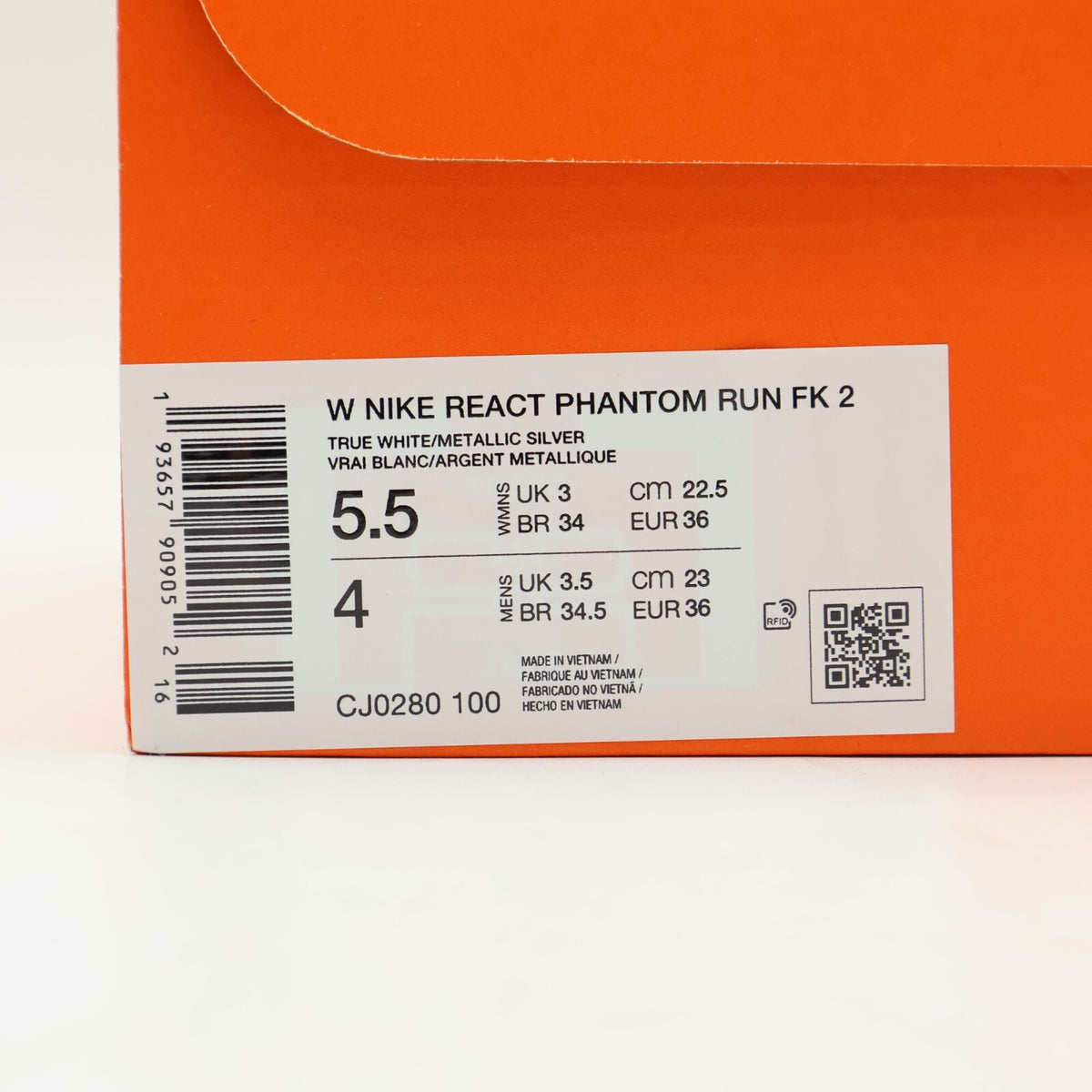 CJ0280-100 Nike React Phantom Run Flyknit 2 True White White Pure Plati (Women's