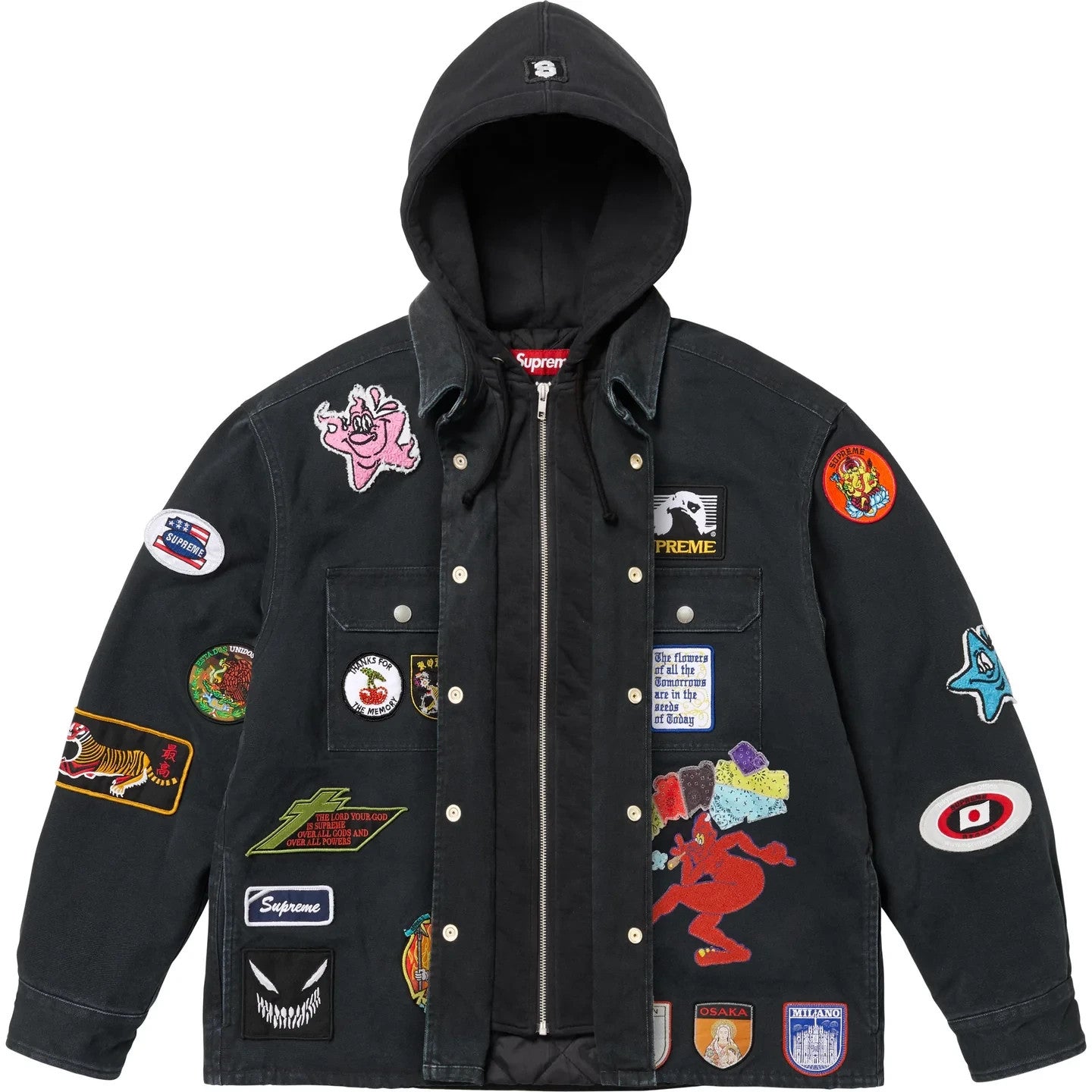 Supreme Patches Hooded Zip Up Shirt Black