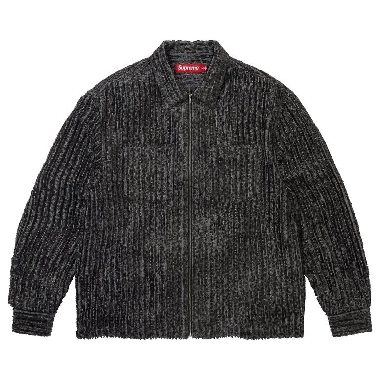 Supreme Leopard Frayed Zip Up Shirt Black