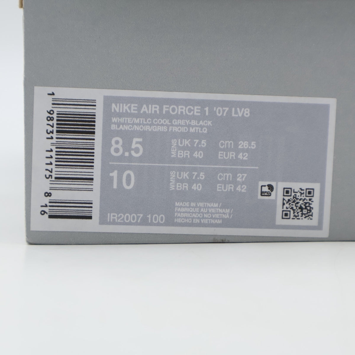 IR2007-100 Nike Air Force 1 Low 1 07 LV8 White Metallic Cool Gray (Men's)
