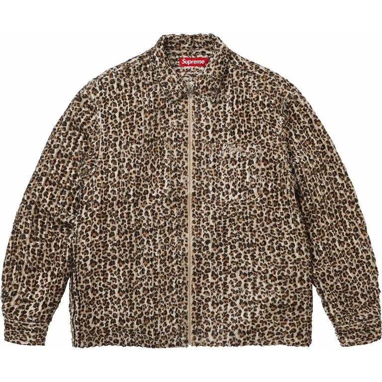 Supreme Leopard Frayed Zip Up Shirt Tan
