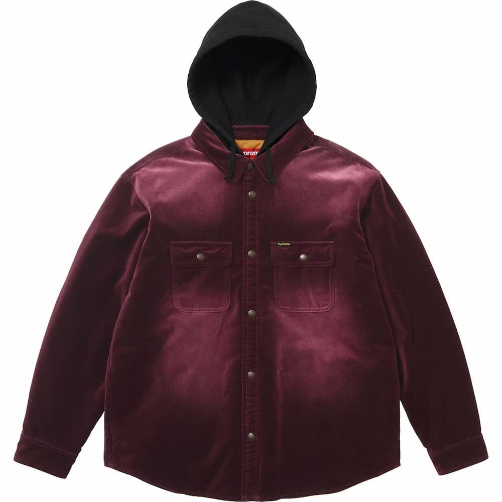 Supreme Quilted Lined Hooded Velvet Snap Shirt Plum