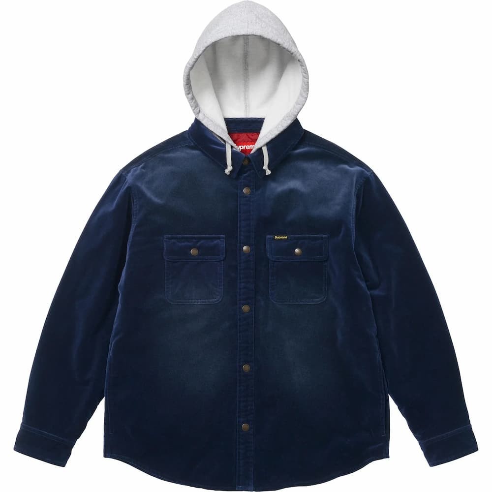 Supreme Quilted Lined Hooded Velvet Snap Shirt Navy