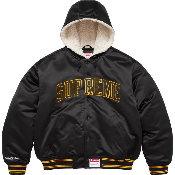 Supreme Mitchell Ness Lined Hooded Satin Varsity Jacket Black