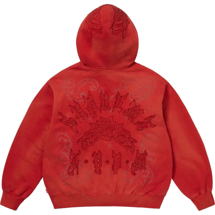 Supreme Leather Applique Zip Up Hooded Sweatshirt Red