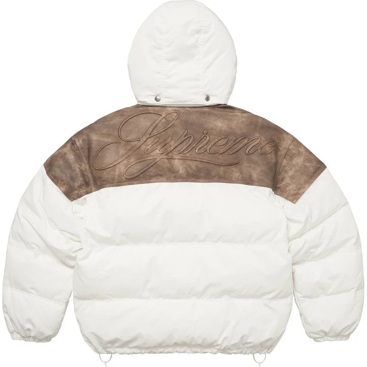 Supreme Leather Yoke Puffer Jacket White