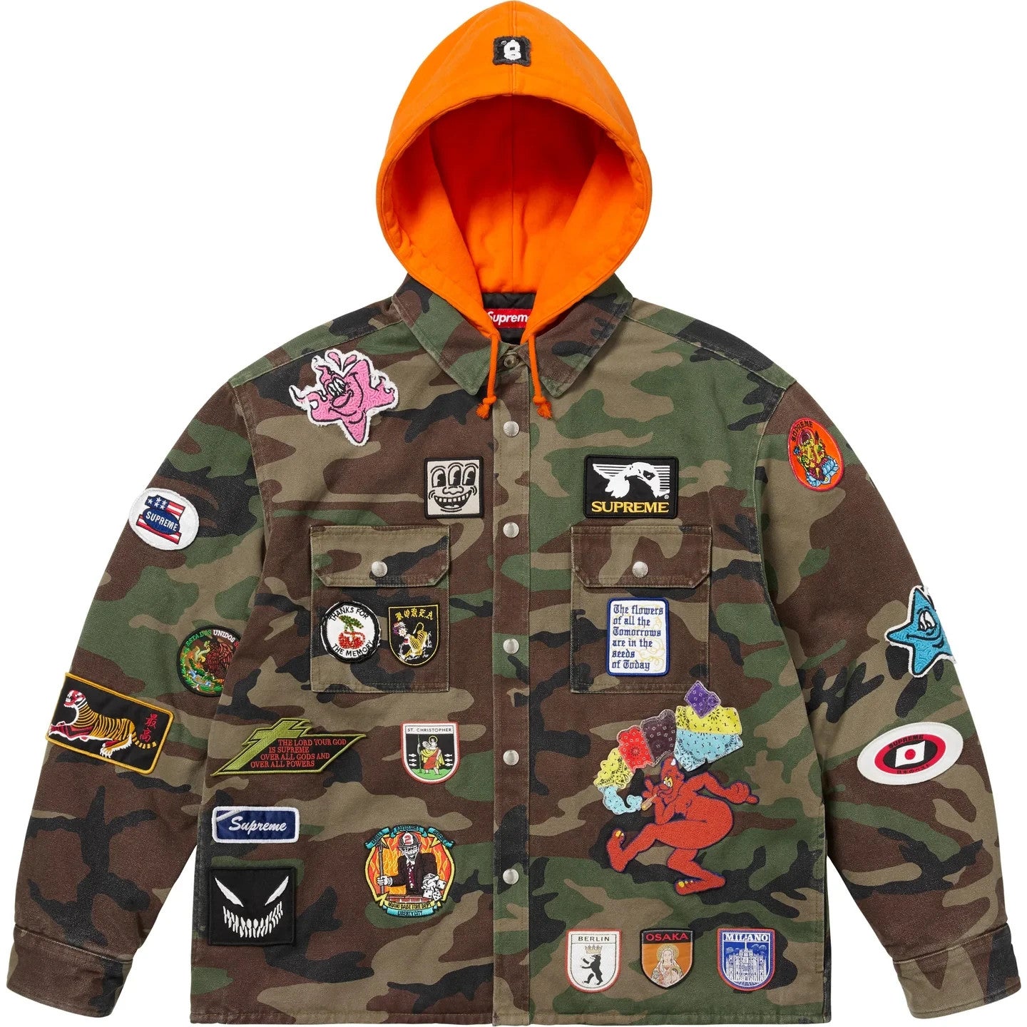 Supreme Patches Hooded Zip Up Shirt Woodland Camo