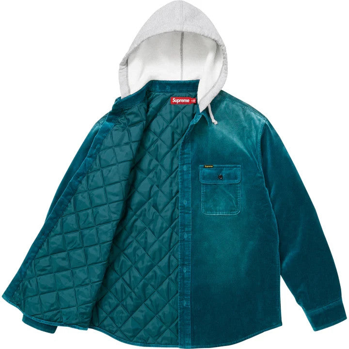 Supreme Quilted Lined Hooded Velvet Shirt Teal