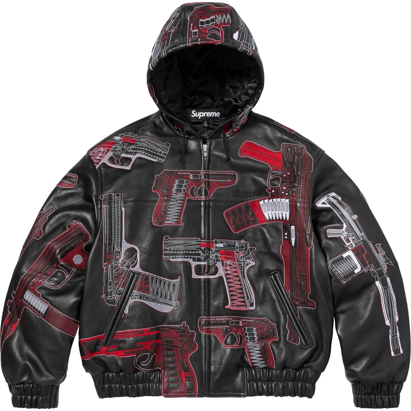 Supreme Guns Embroidered Hooded Leather Jacket Black