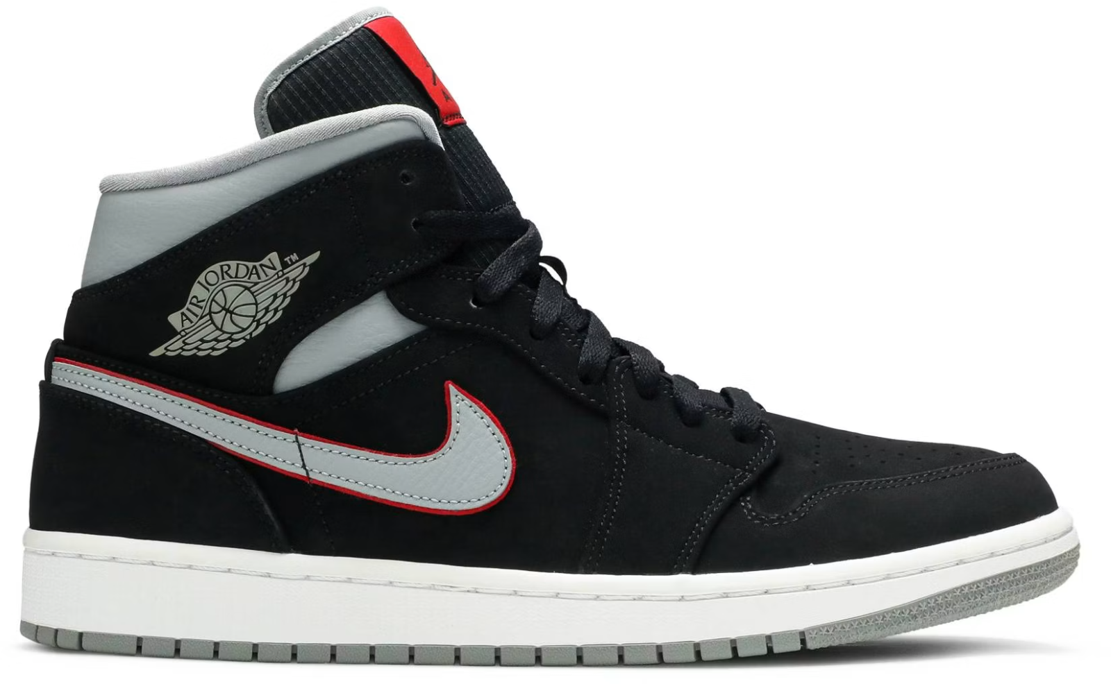 554724-060 Nike Air Jordan 1 Mid "Black Particle Grey Gym Red" (Men's)