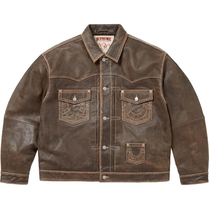 Supreme True Religion Leather Trucker Jacket Brown