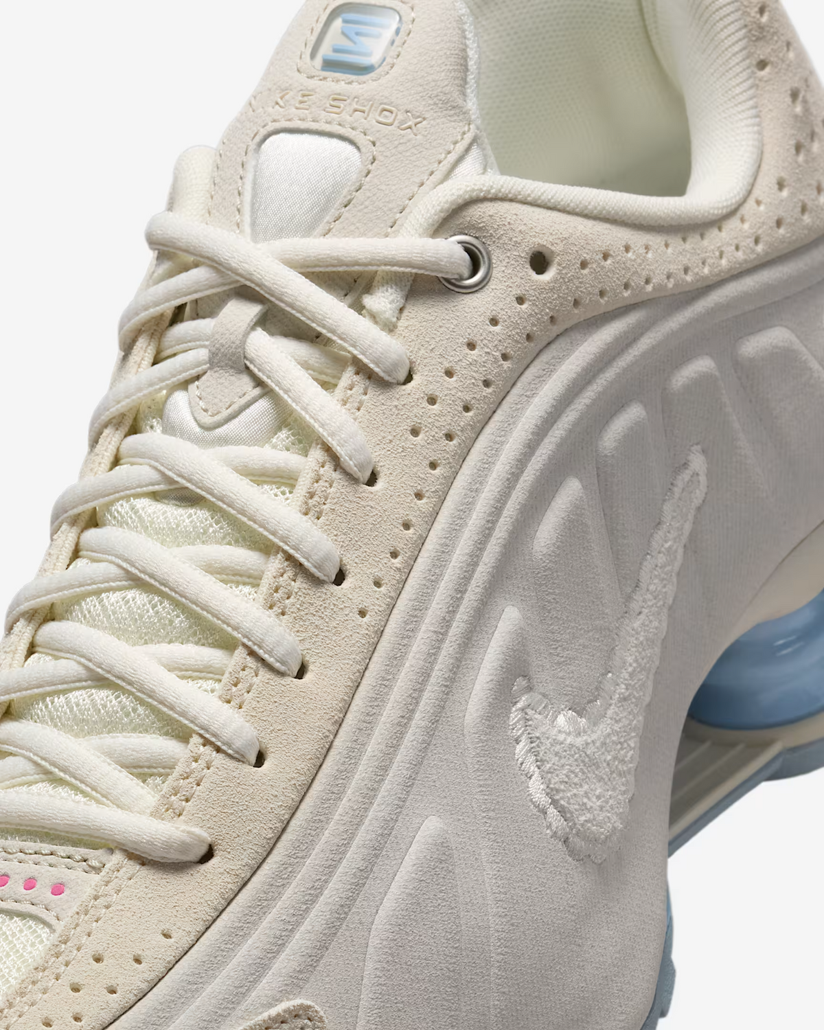 IH3572-110 Nike Shox R4 Pale Ivory Light Orewood Brown Celestine Blue (Women's)