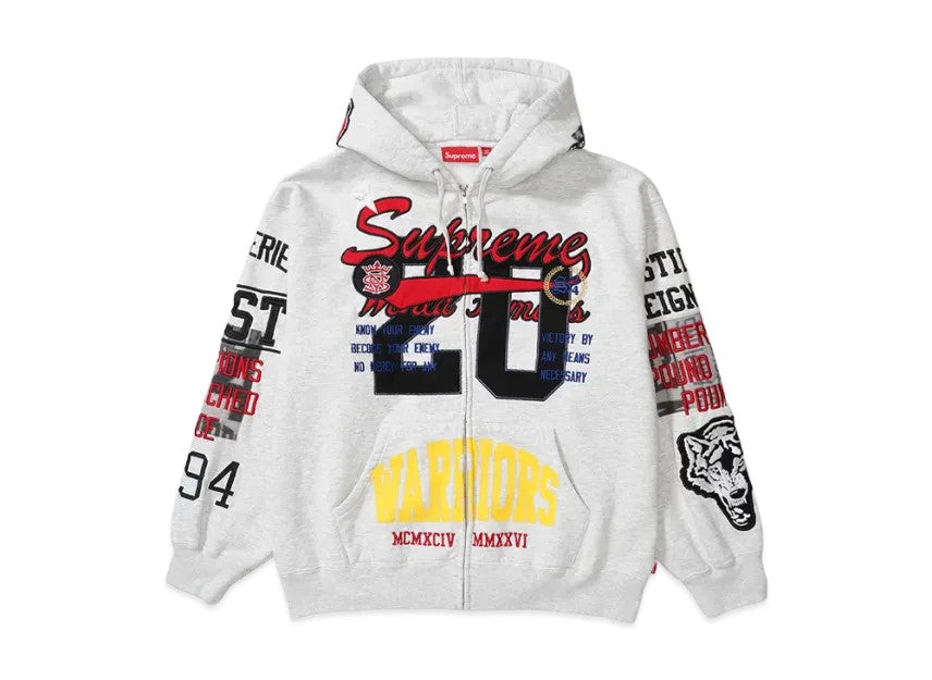 Supreme Warriors AppliquÃ© Zip Up Hooded Sweatshirt "Ash Grey"